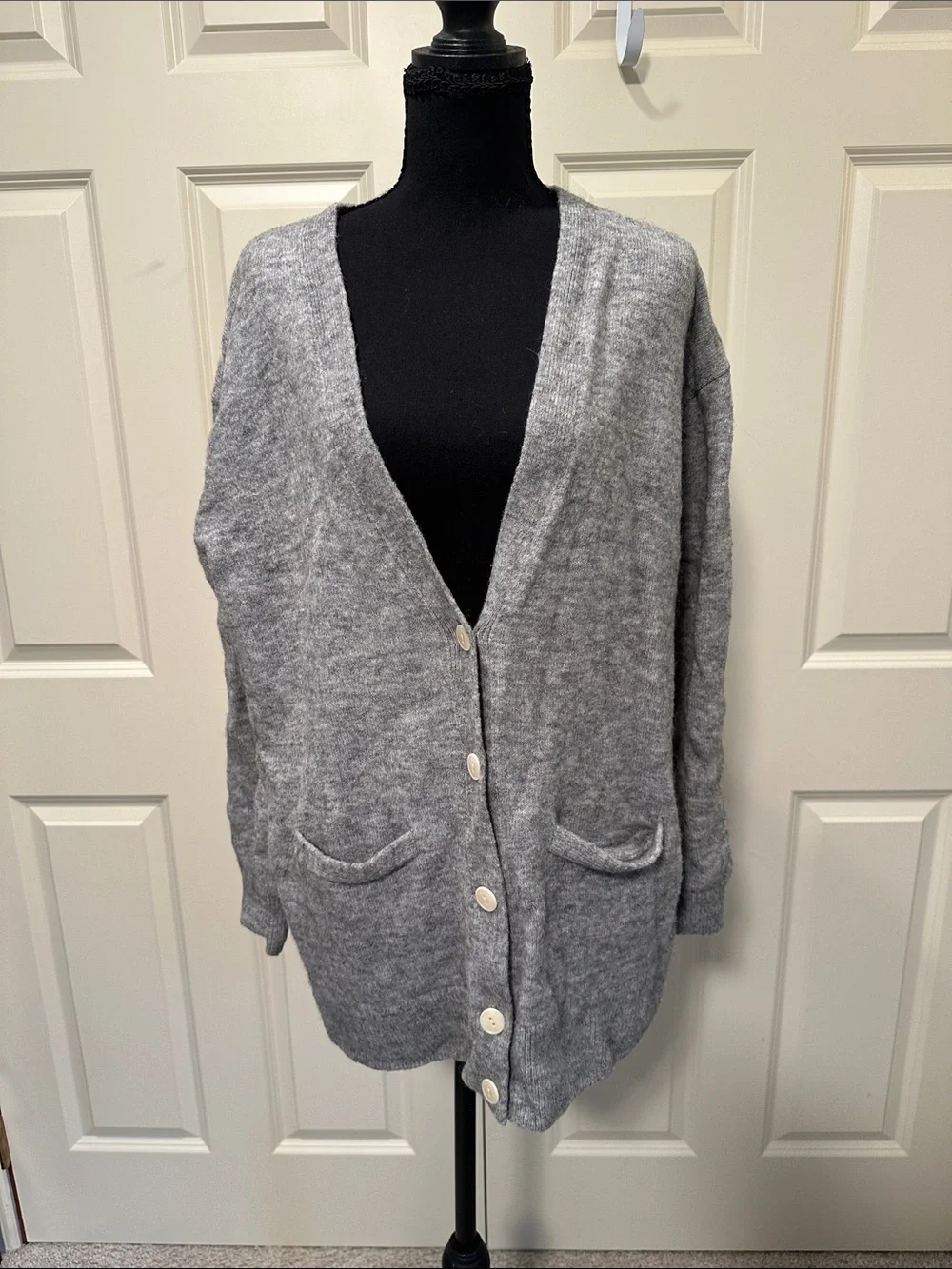 J. Crew Heather Gray V-Neck Button-Front Cardigan made with Alpaca and Merino
